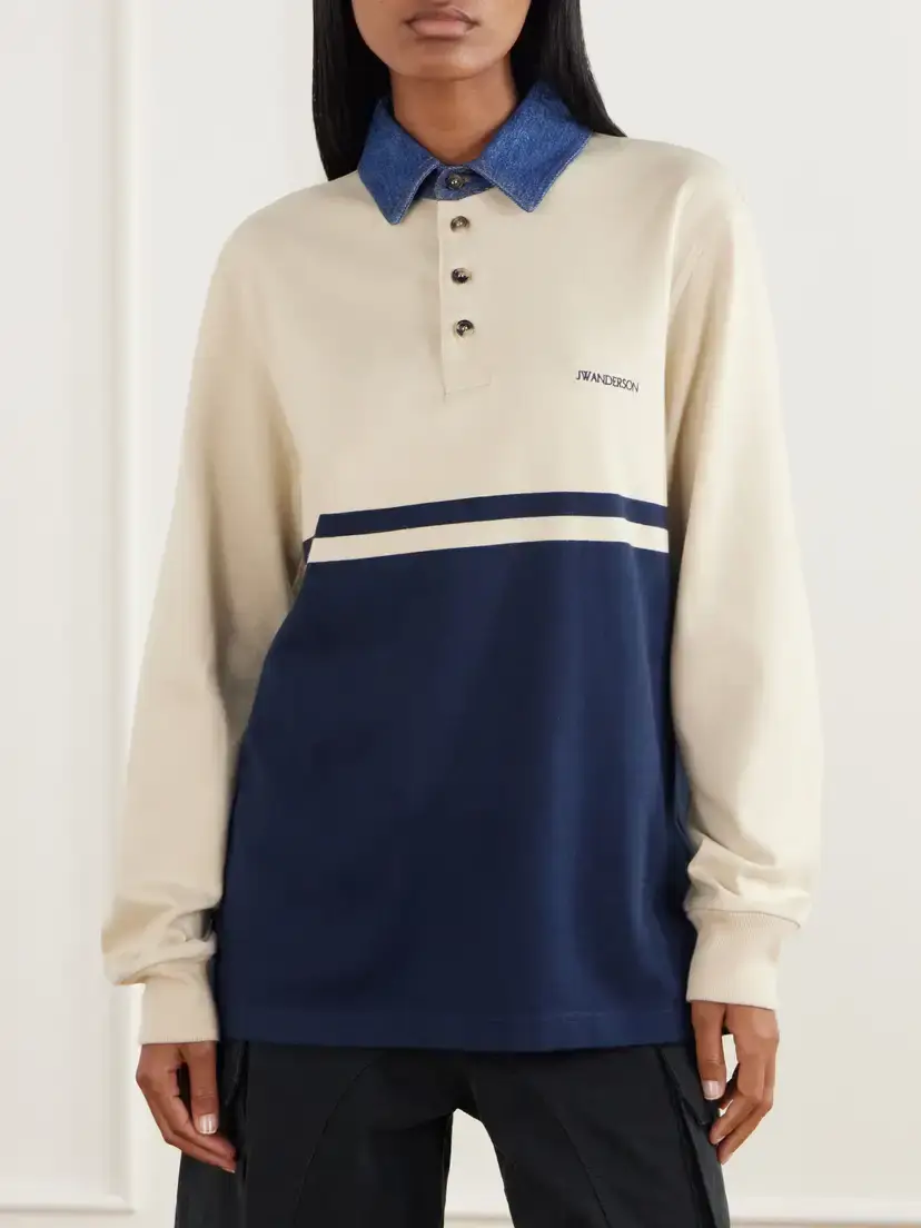JW Anderson Contrast Collar Embroidered Striped Cotton-jersey Polo Shirt | Thumbnail 3 JW Anderson Contrast Collar Embroidered Striped Cotton-jersey Polo Shirt | Thumbnail 3