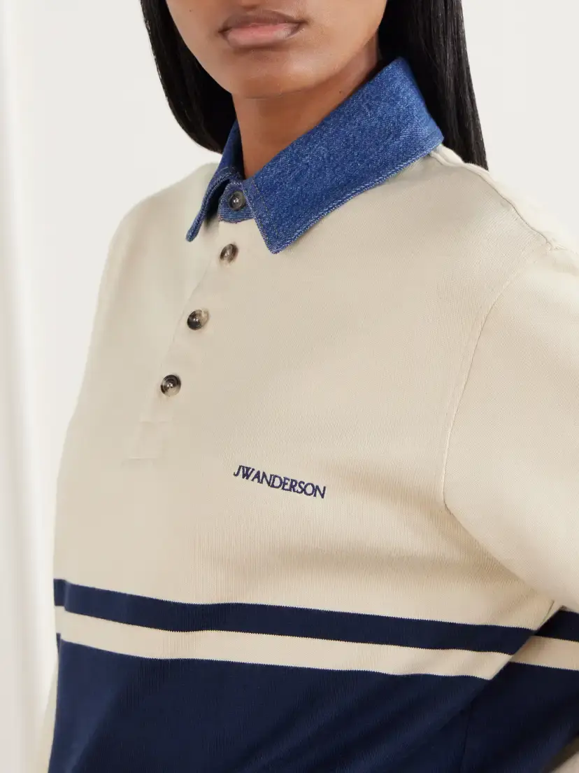 JW Anderson Contrast Collar Embroidered Striped Cotton-jersey Polo Shirt | Thumbnail 5 JW Anderson Contrast Collar Embroidered Striped Cotton-jersey Polo Shirt | Thumbnail 5