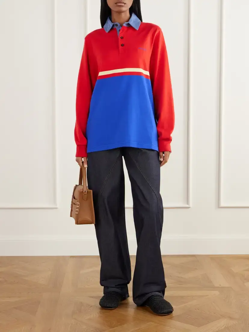 JW Anderson Contrast Collar Embroidered Striped Cotton-jersey Polo Shirt | Thumbnail 2 JW Anderson Contrast Collar Embroidered Striped Cotton-jersey Polo Shirt | Thumbnail 2