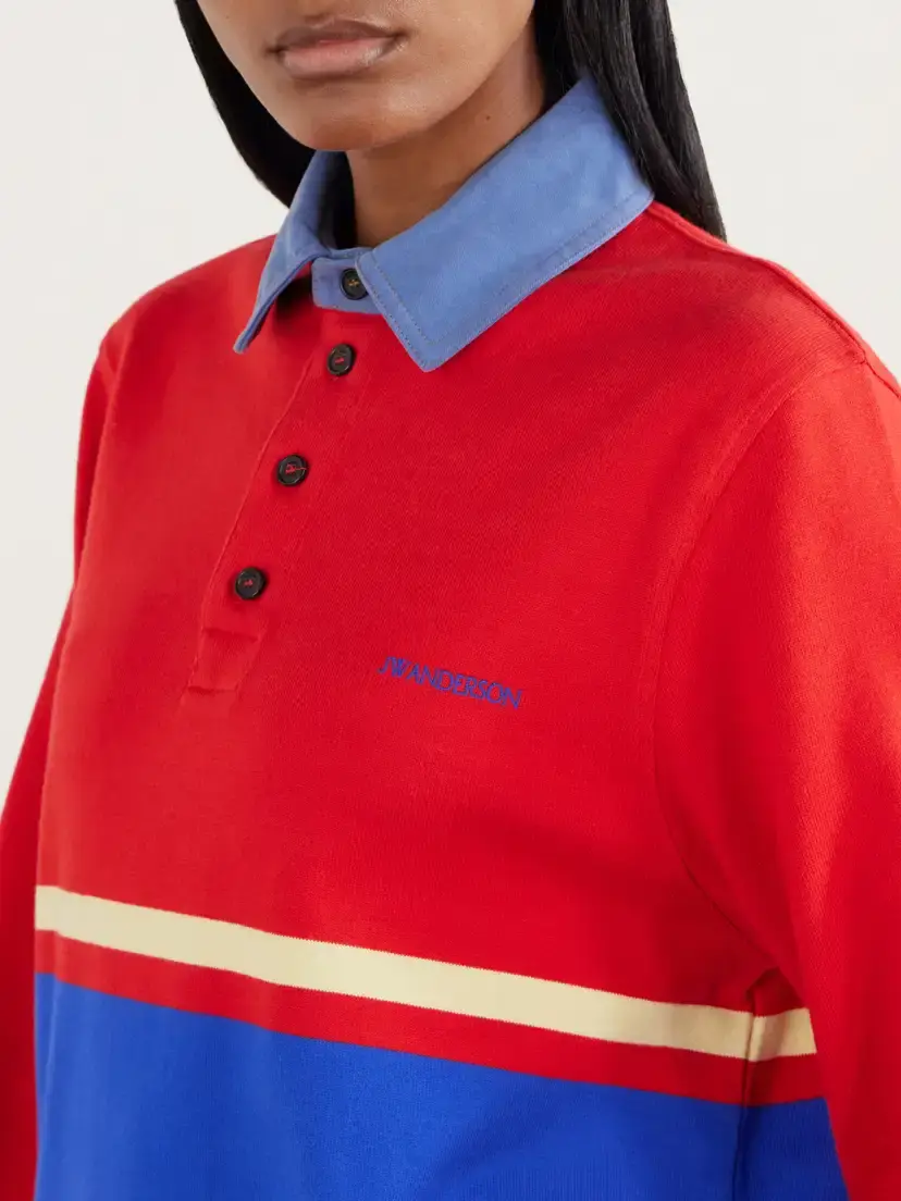 JW Anderson Contrast Collar Embroidered Striped Cotton-jersey Polo Shirt | Thumbnail 5 JW Anderson Contrast Collar Embroidered Striped Cotton-jersey Polo Shirt | Thumbnail 5