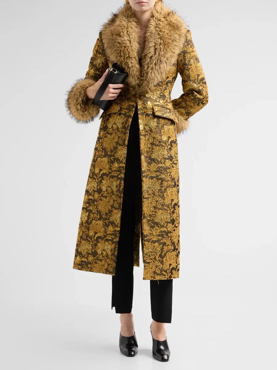 Cinq à Sept Women's Ivella Faux Fur-Trimmed Floral Jacquard Long Coat | Thumbnail 2 Cinq à Sept Women's Ivella Faux Fur-Trimmed Floral Jacquard Long Coat | Thumbnail 2