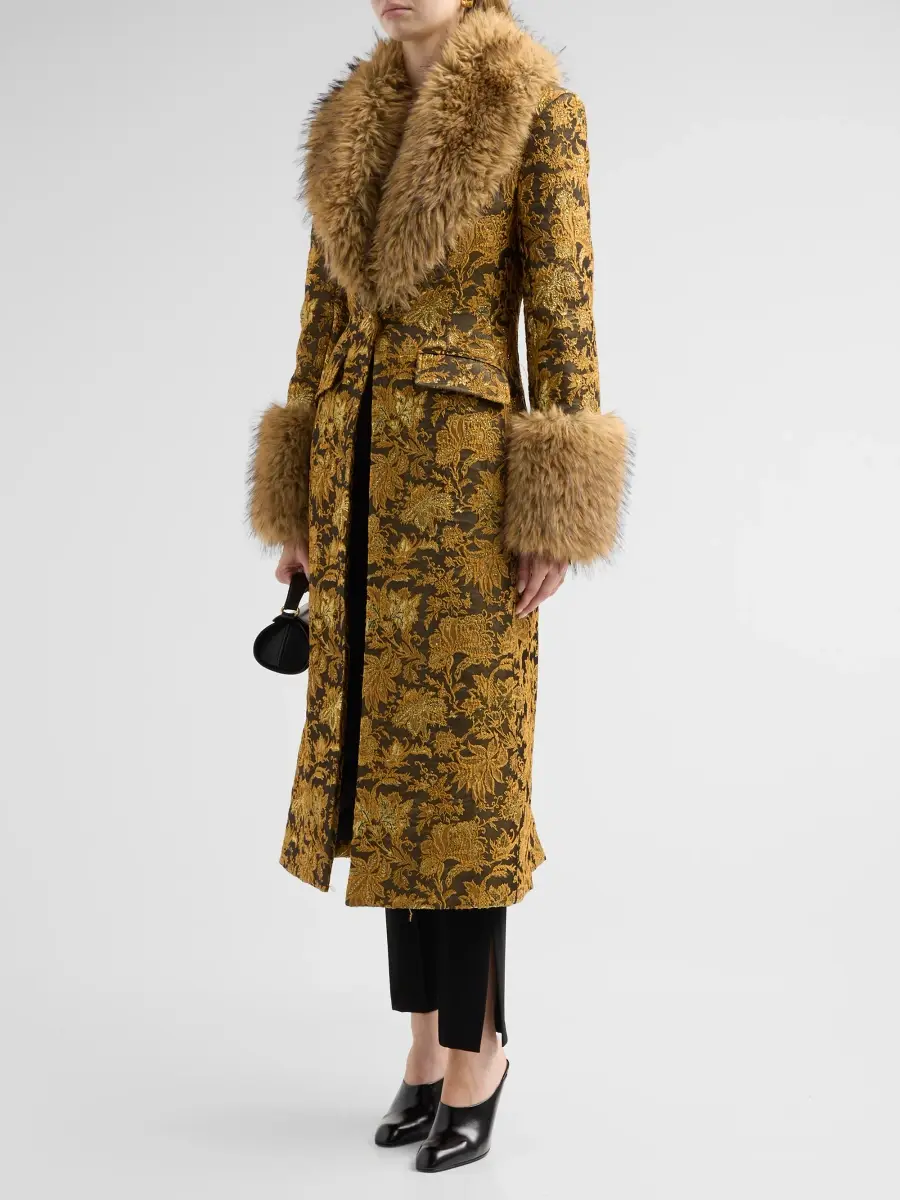 Cinq à Sept Women's Ivella Faux Fur-Trimmed Floral Jacquard Long Coat | Thumbnail 4 Cinq à Sept Women's Ivella Faux Fur-Trimmed Floral Jacquard Long Coat | Thumbnail 4