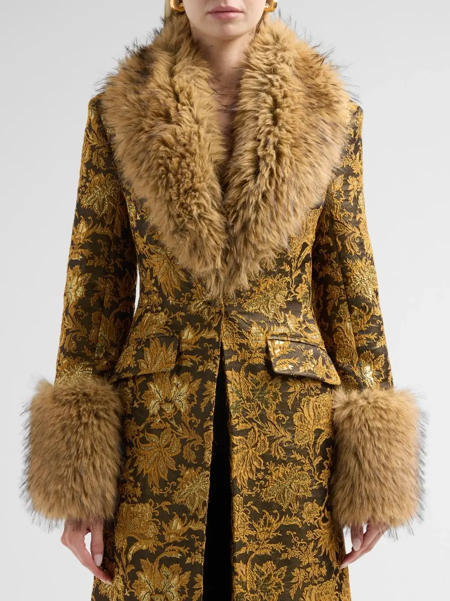 Cinq à Sept Women's Ivella Faux Fur-Trimmed Floral Jacquard Long Coat | Thumbnail 5 Cinq à Sept Women's Ivella Faux Fur-Trimmed Floral Jacquard Long Coat | Thumbnail 5