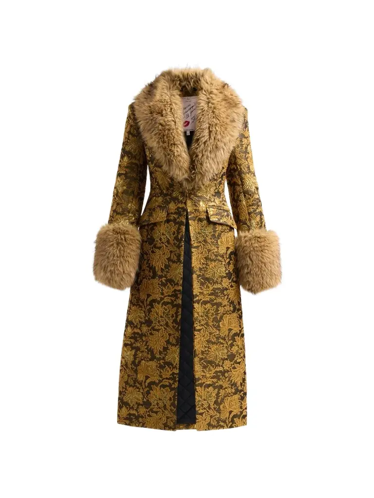 Cinq à Sept Women's Ivella Faux Fur-Trimmed Floral Jacquard Long Coat