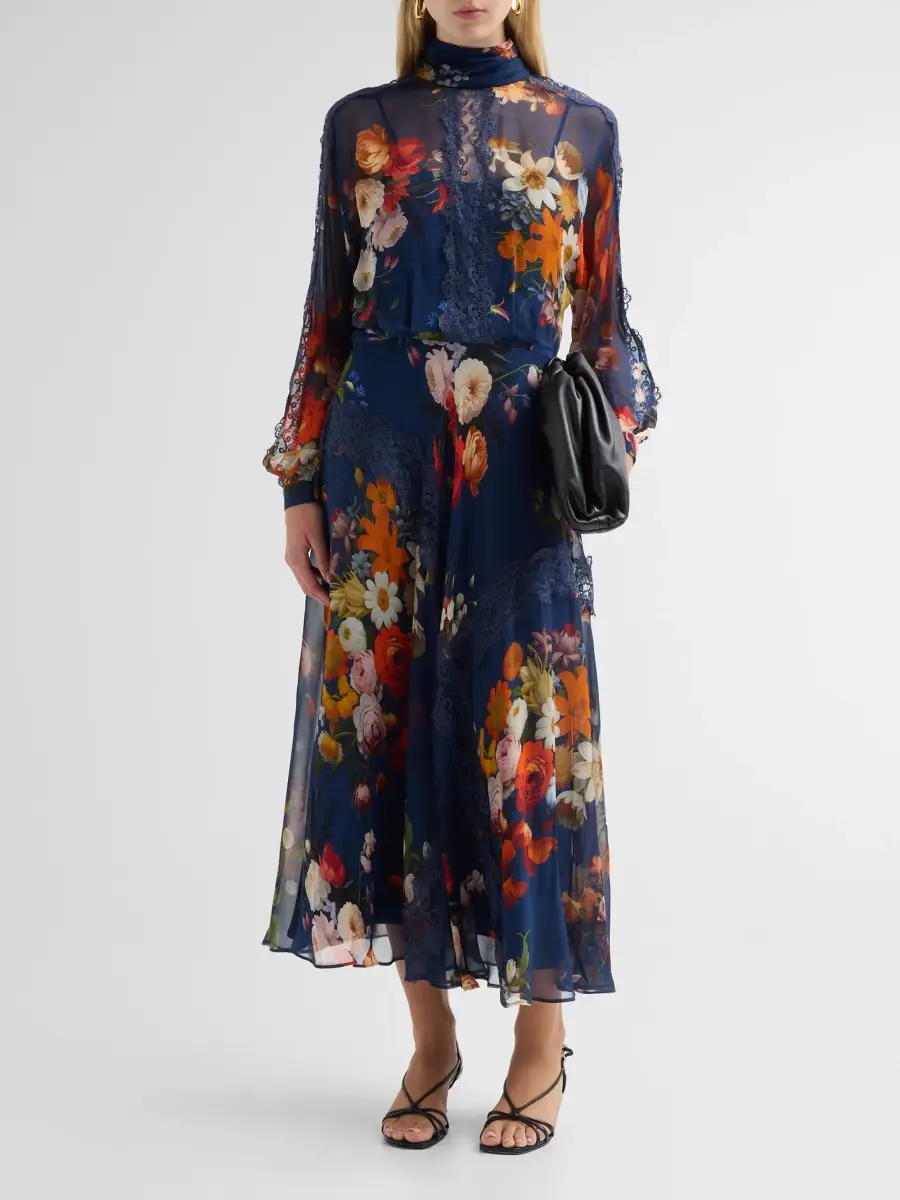 Teri Jon by Rickie Freeman Women's Lace-Trim Floral Silk Midi Dress | Thumbnail 2 Teri Jon by Rickie Freeman Women's Lace-Trim Floral Silk Midi Dress | Thumbnail 2