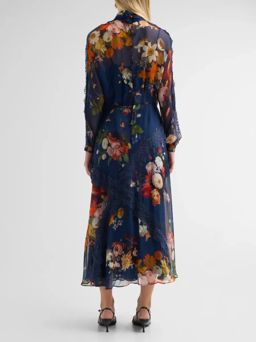 Teri Jon by Rickie Freeman Women's Lace-Trim Floral Silk Midi Dress | Thumbnail 3 Teri Jon by Rickie Freeman Women's Lace-Trim Floral Silk Midi Dress | Thumbnail 3