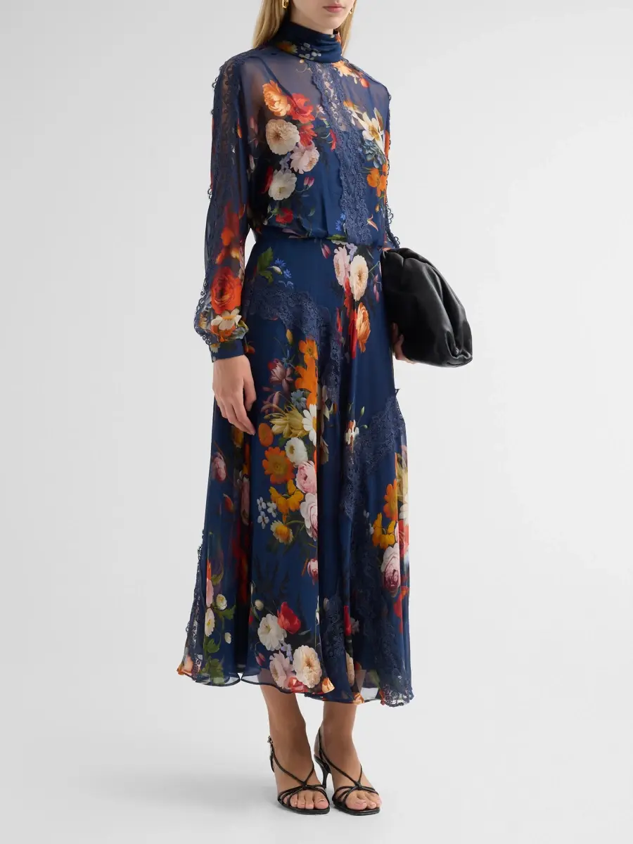 Teri Jon by Rickie Freeman Women's Lace-Trim Floral Silk Midi Dress | Thumbnail 4 Teri Jon by Rickie Freeman Women's Lace-Trim Floral Silk Midi Dress | Thumbnail 4