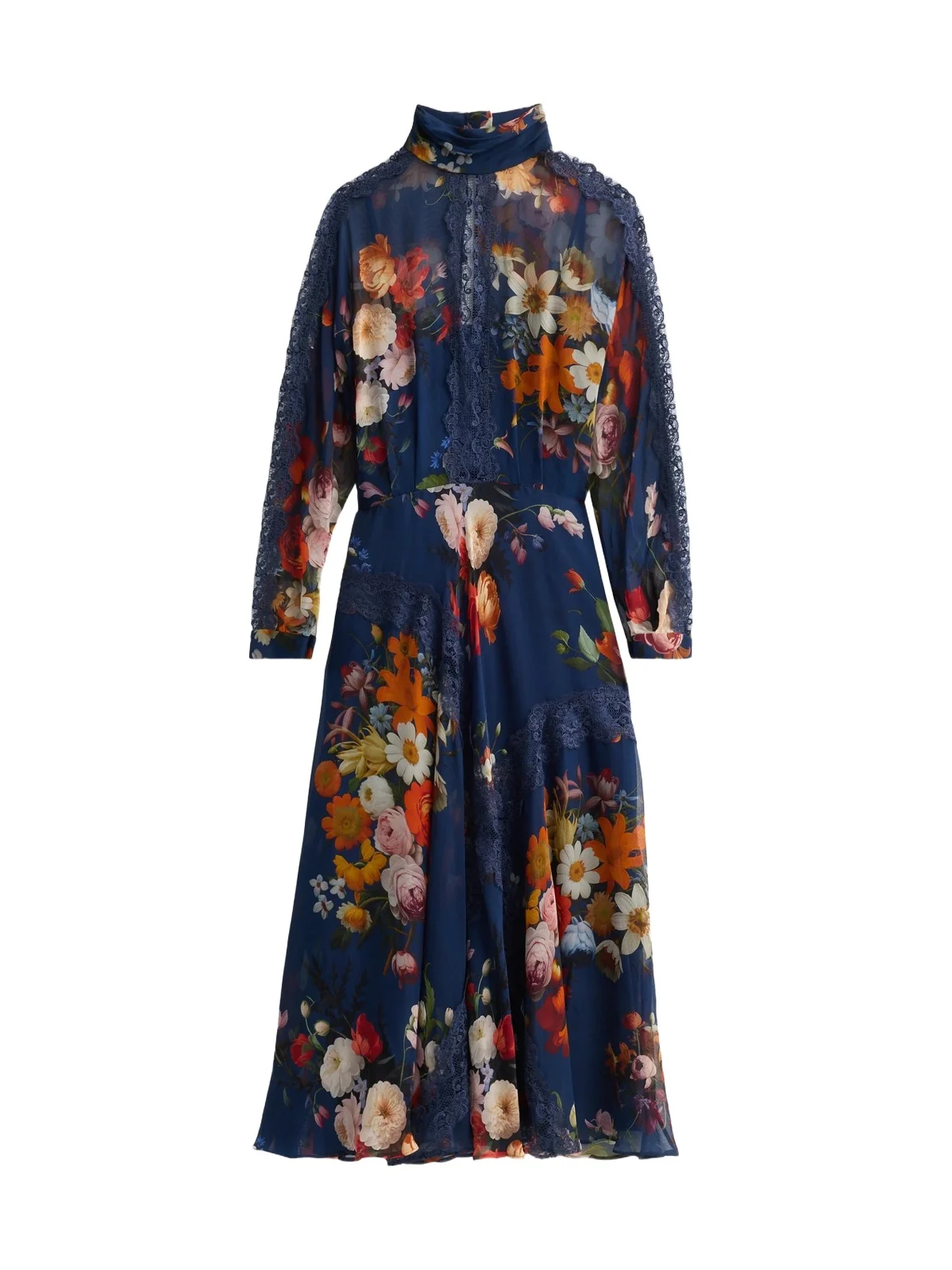 Women's Lace-Trim Floral Silk Midi Dress Women's Lace-Trim Floral Silk Midi Dress