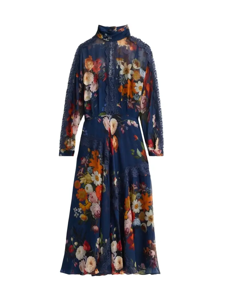 Women's Lace-Trim Floral Silk Midi Dress Women's Lace-Trim Floral Silk Midi Dress