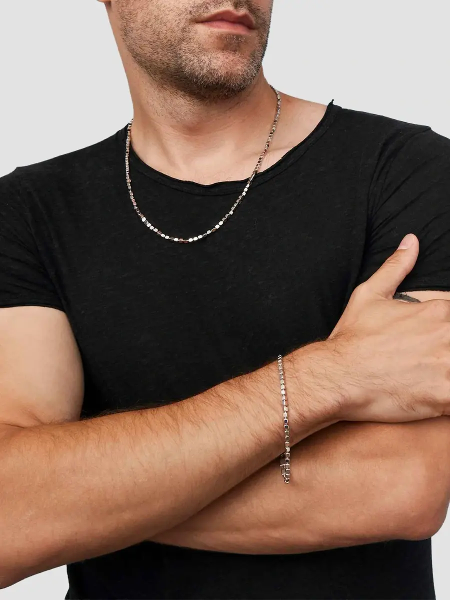 Oradina Men's Modern Cube Link Necklace in Sterling Silver - Silver | Thumbnail 2
