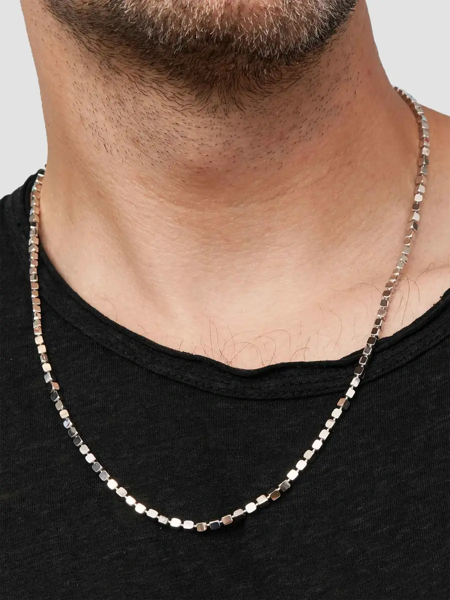 Oradina Men's Modern Cube Link Necklace in Sterling Silver - Silver | Thumbnail 3