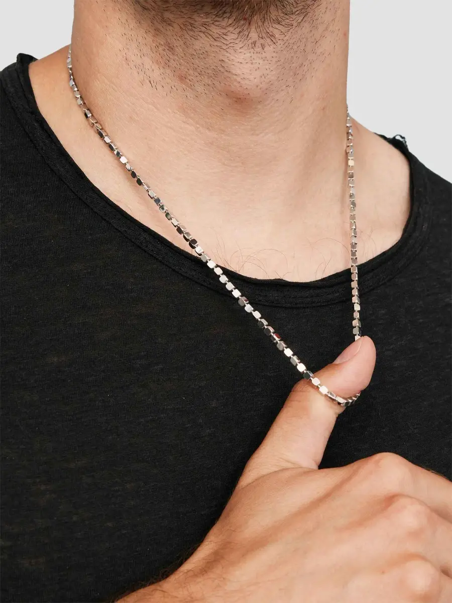 Oradina Men's Modern Cube Link Necklace in Sterling Silver - Silver | Thumbnail 4