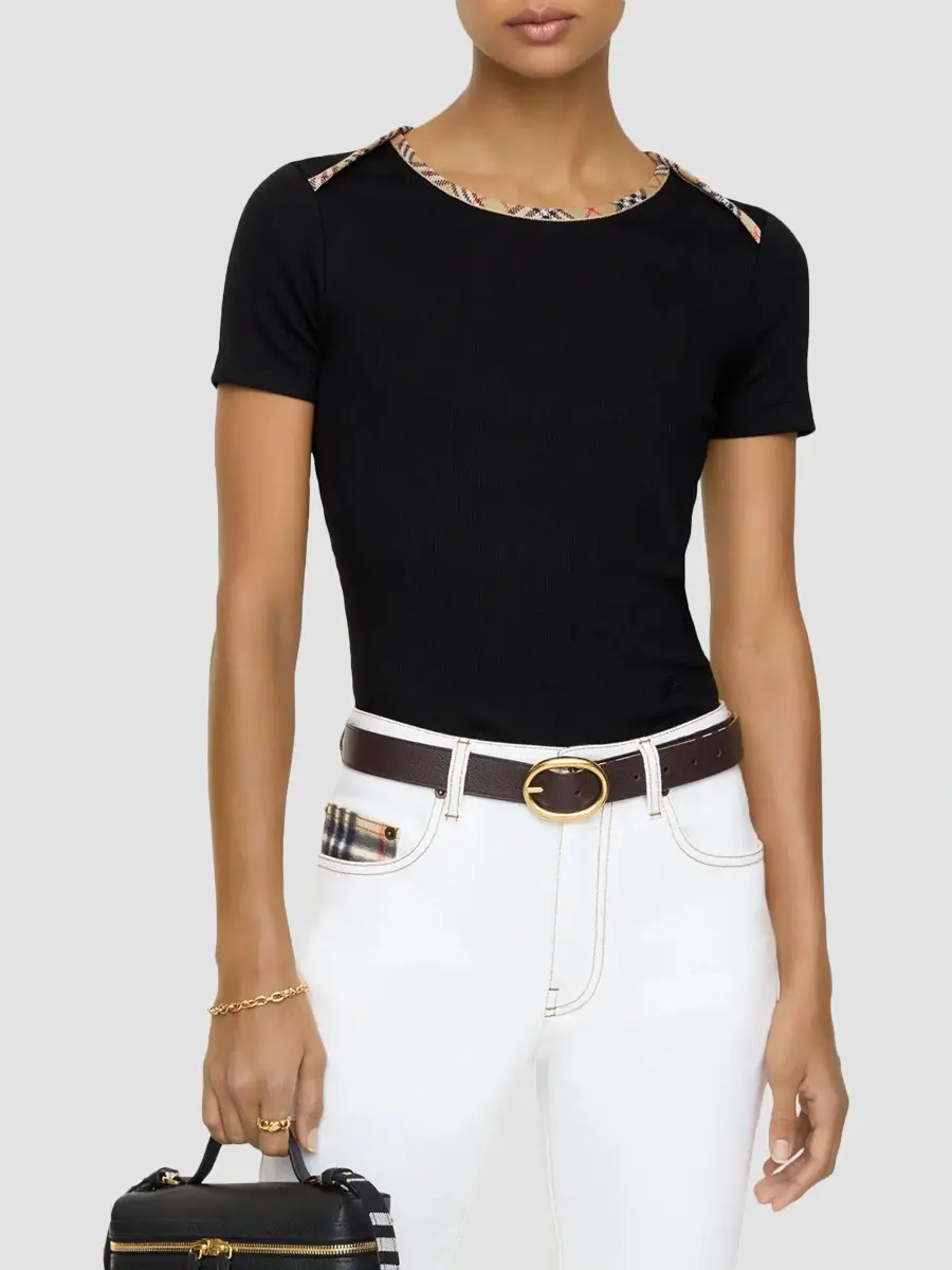 Burberry Women's Stephanie Check-Collar Stretch-Cotton T-Shirt | Thumbnail 2 Burberry Women's Stephanie Check-Collar Stretch-Cotton T-Shirt | Thumbnail 2
