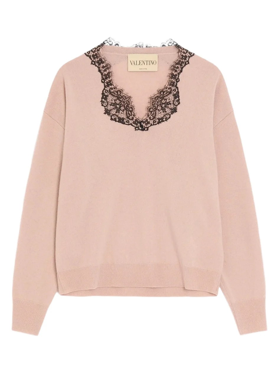 Women's Cashmere Jumper with Lace - Poudre