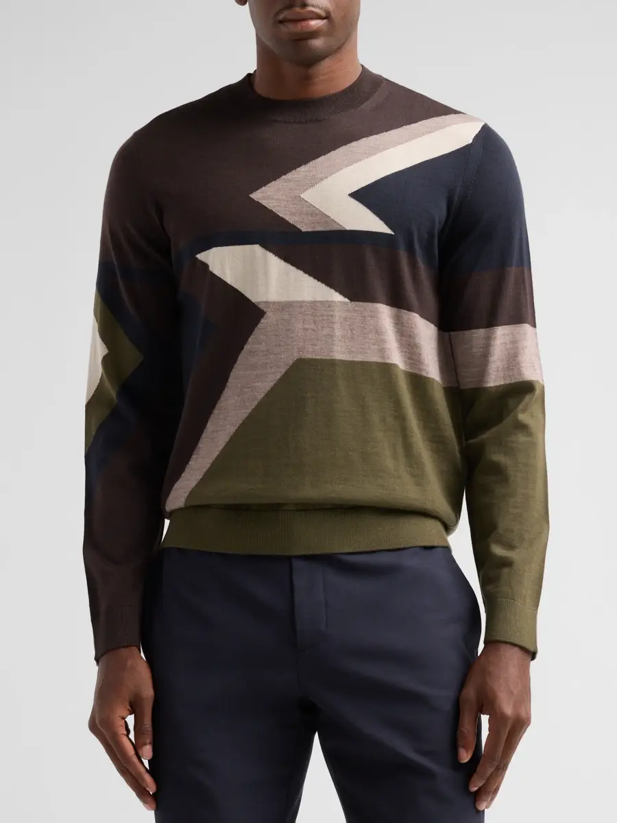 Emporio Armani Men's Geometric Wool Crewneck Sweater | Thumbnail 4 Emporio Armani Men's Geometric Wool Crewneck Sweater | Thumbnail 4