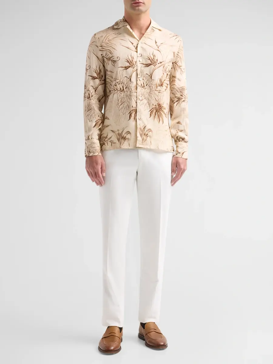 Isaia Men's Palm-Print Linen Camp Shirt | Thumbnail 2 Isaia Men's Palm-Print Linen Camp Shirt | Thumbnail 2