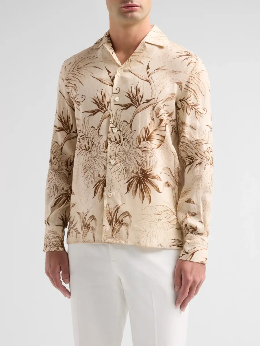 Isaia Men's Palm-Print Linen Camp Shirt | Thumbnail 4 Isaia Men's Palm-Print Linen Camp Shirt | Thumbnail 4