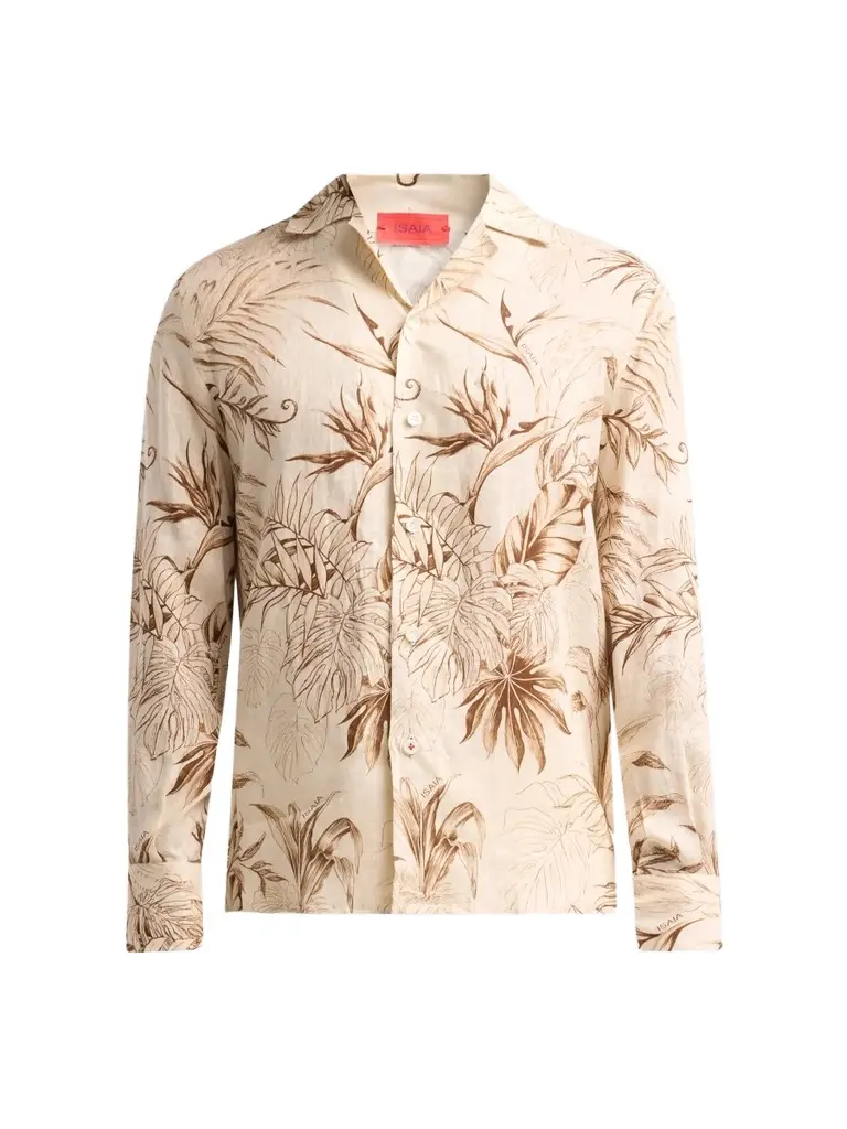 Isaia Men's Palm-Print Linen Camp Shirt