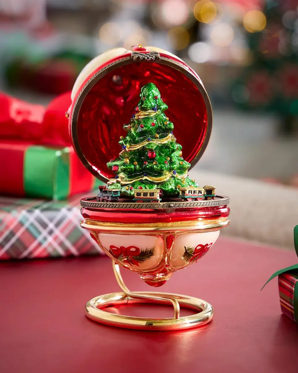 Komozja Christmas Tree with Train in Hinged Egg Christmas Ornament with Stand | Thumbnail 2 Komozja Christmas Tree with Train in Hinged Egg Christmas Ornament with Stand | Thumbnail 2