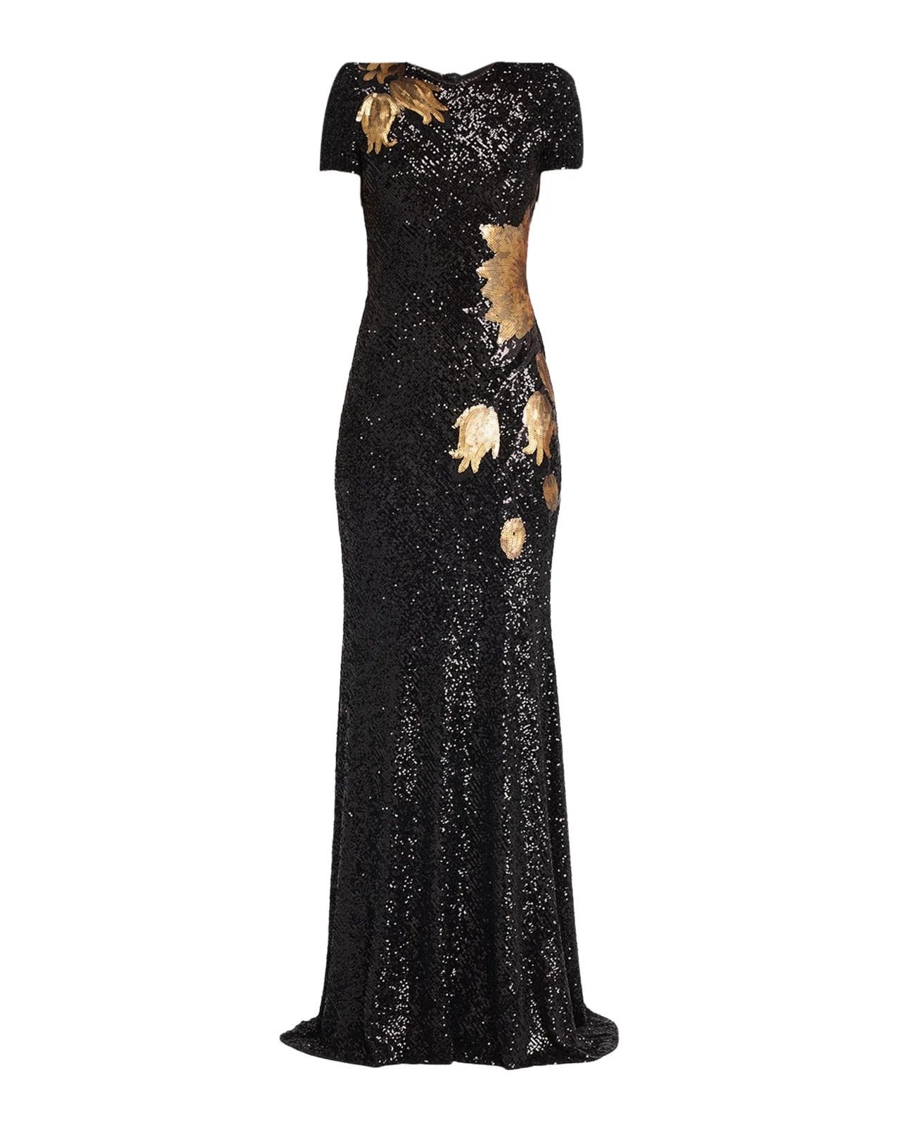 Naeem Khan Short-Sleeve Sequined Flower Applique Gown
