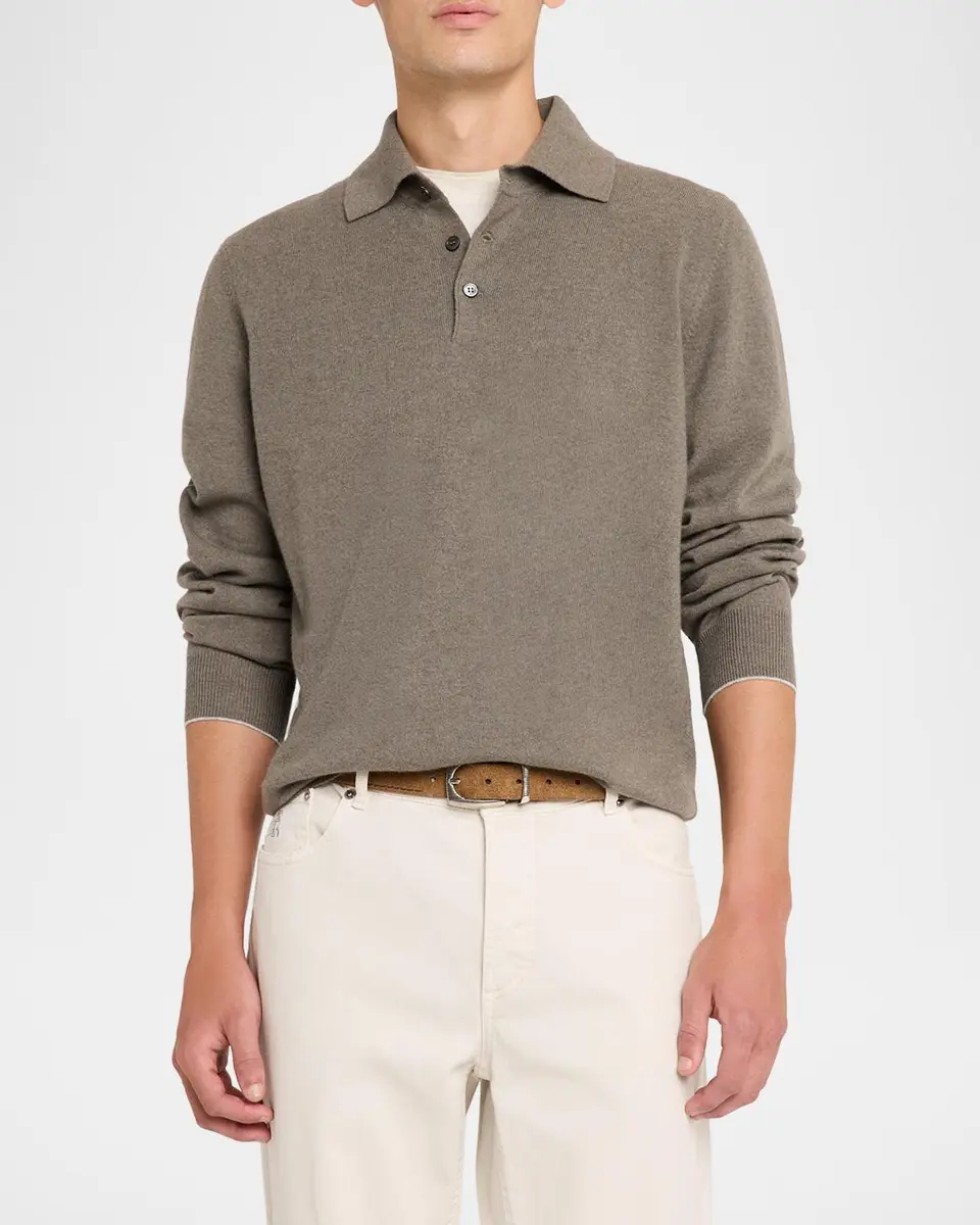 Brunello Cucinelli Men's Cashmere Knit Long-Sleeve Polo Shirt | Thumbnail 4