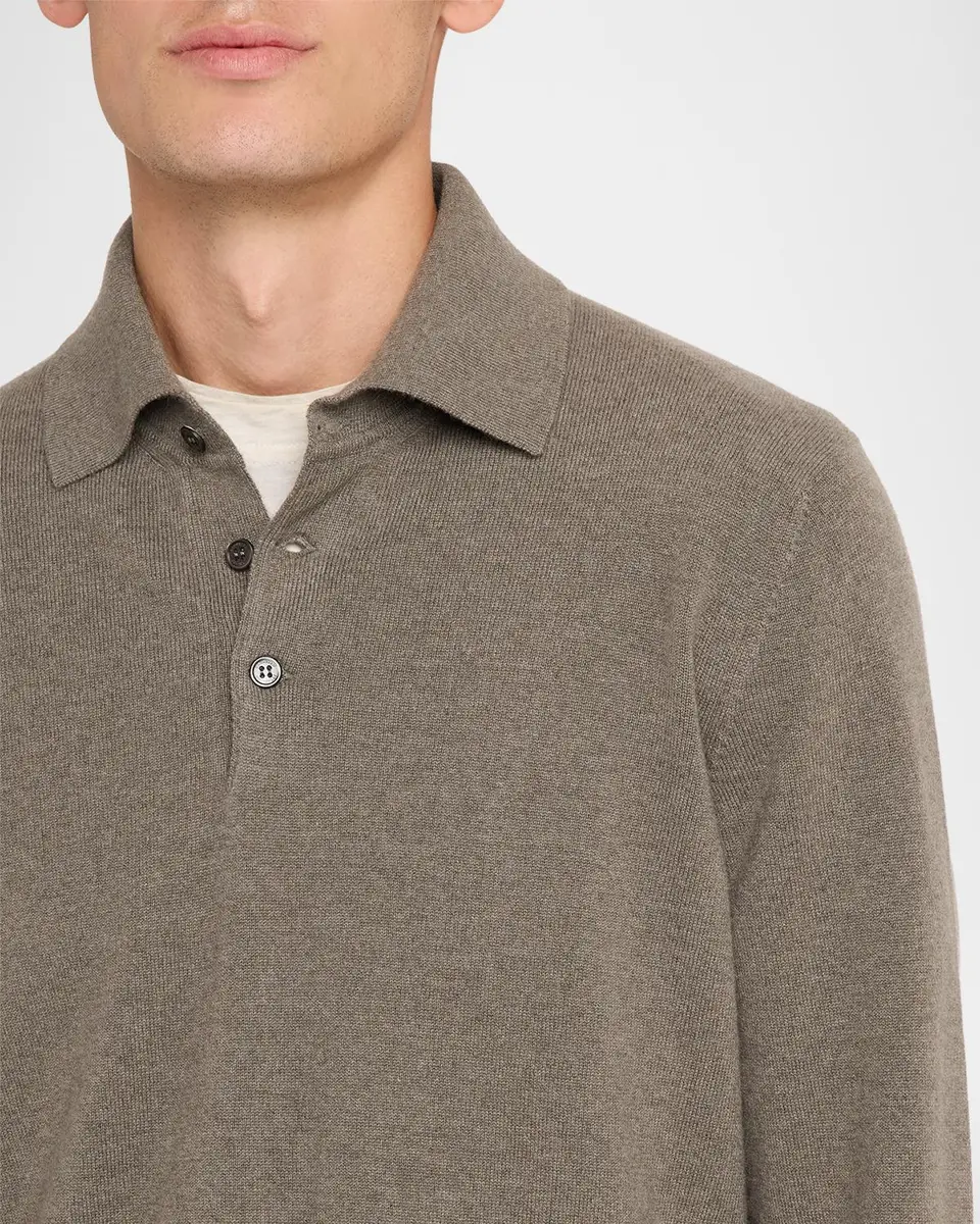 Brunello Cucinelli Men's Cashmere Knit Long-Sleeve Polo Shirt | Thumbnail 5