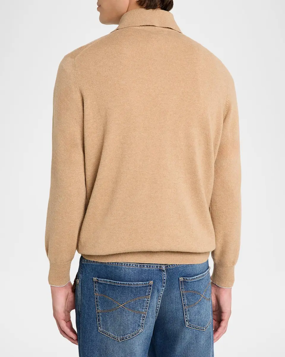 Brunello Cucinelli Men's Cashmere Knit Long-Sleeve Polo Shirt | Thumbnail 3 Brunello Cucinelli Men's Cashmere Knit Long-Sleeve Polo Shirt | Thumbnail 3