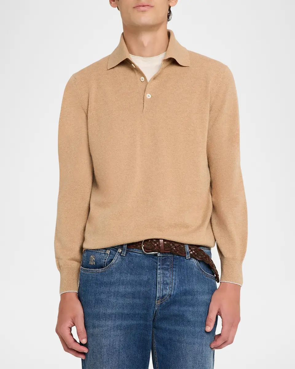Brunello Cucinelli Men's Cashmere Knit Long-Sleeve Polo Shirt | Thumbnail 4 Brunello Cucinelli Men's Cashmere Knit Long-Sleeve Polo Shirt | Thumbnail 4