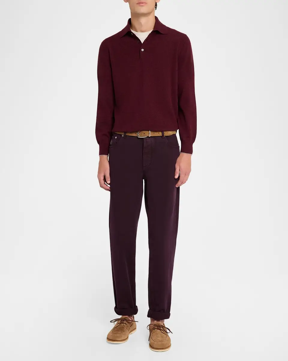 Brunello Cucinelli Men's Cashmere Knit Long-Sleeve Polo Shirt | Thumbnail 2 Brunello Cucinelli Men's Cashmere Knit Long-Sleeve Polo Shirt | Thumbnail 2