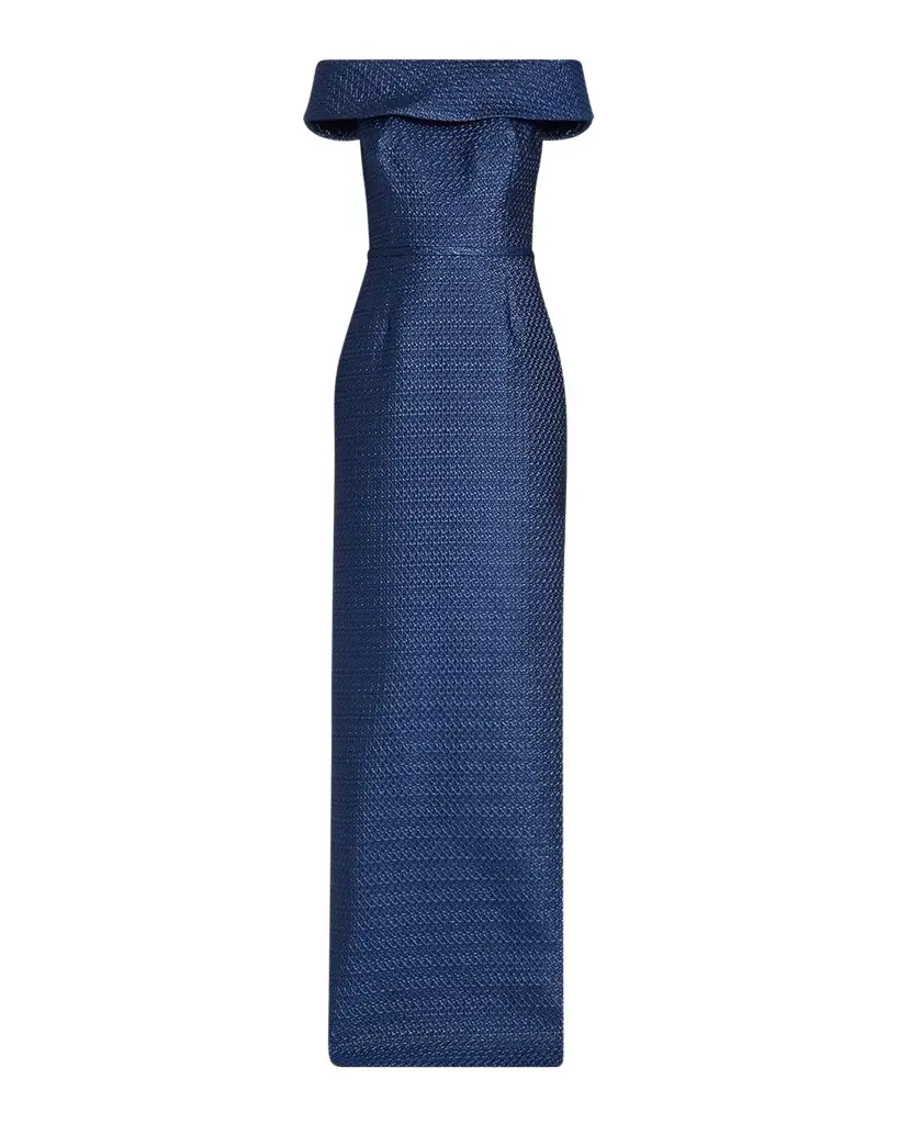 Rickie Freeman for Teri Jon Basket Weave Jacquard Off-the-Shoulder Column Gown