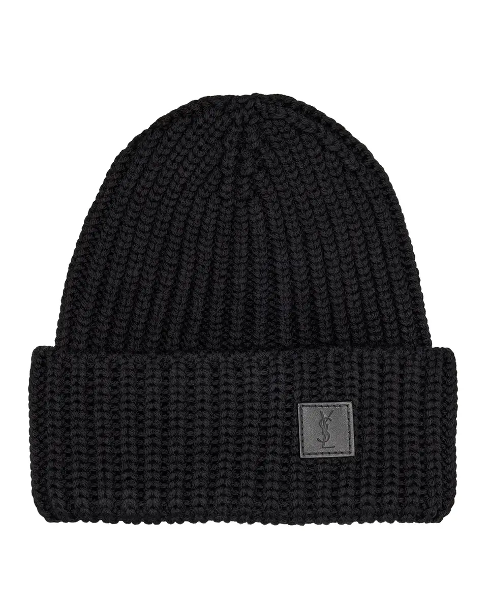 Saint Laurent Men's Ribbed Wool YSL-Patch Beanie Hat | Thumbnail 2 Saint Laurent Men's Ribbed Wool YSL-Patch Beanie Hat | Thumbnail 2