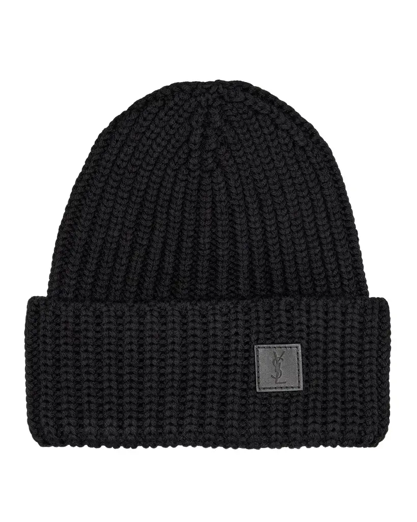 Saint Laurent Men's Ribbed Wool YSL-Patch Beanie Hat