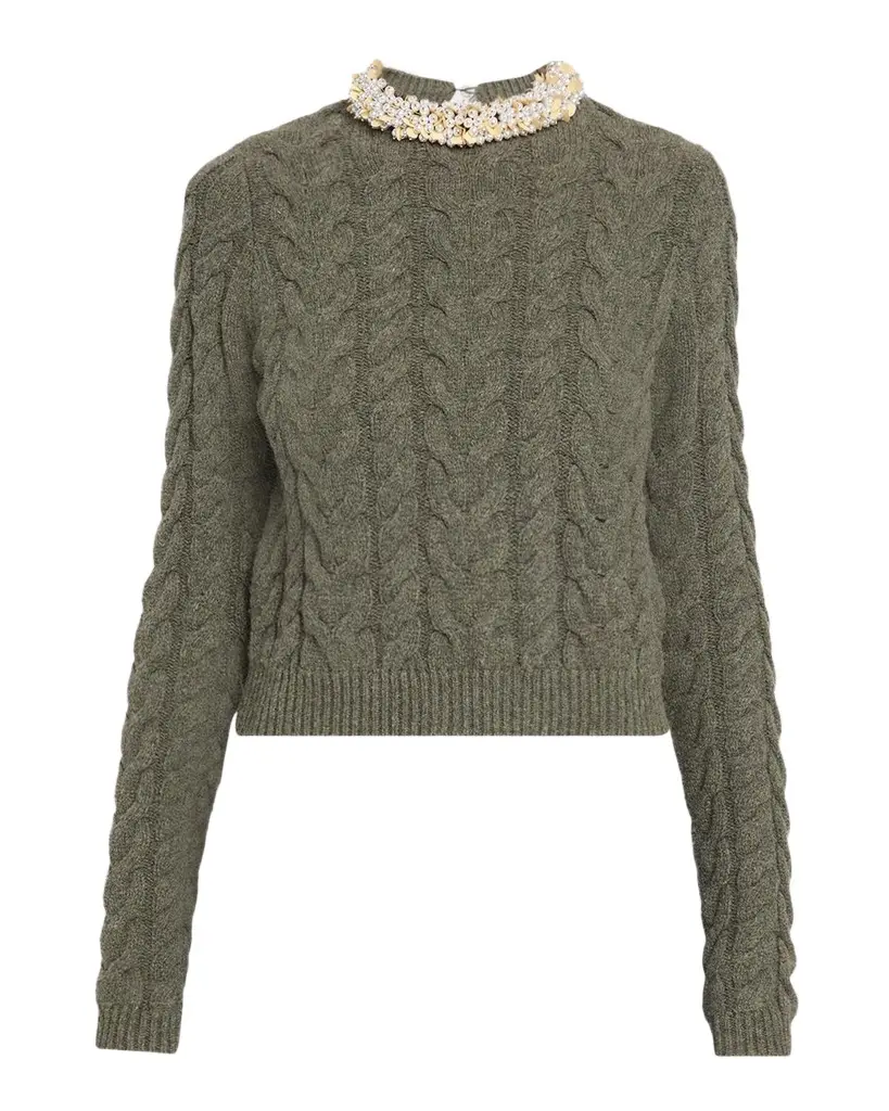 Marlie Embellished Cable-Knit Merino Wool-Blend Sweater Marlie Embellished Cable-Knit Merino Wool-Blend Sweater