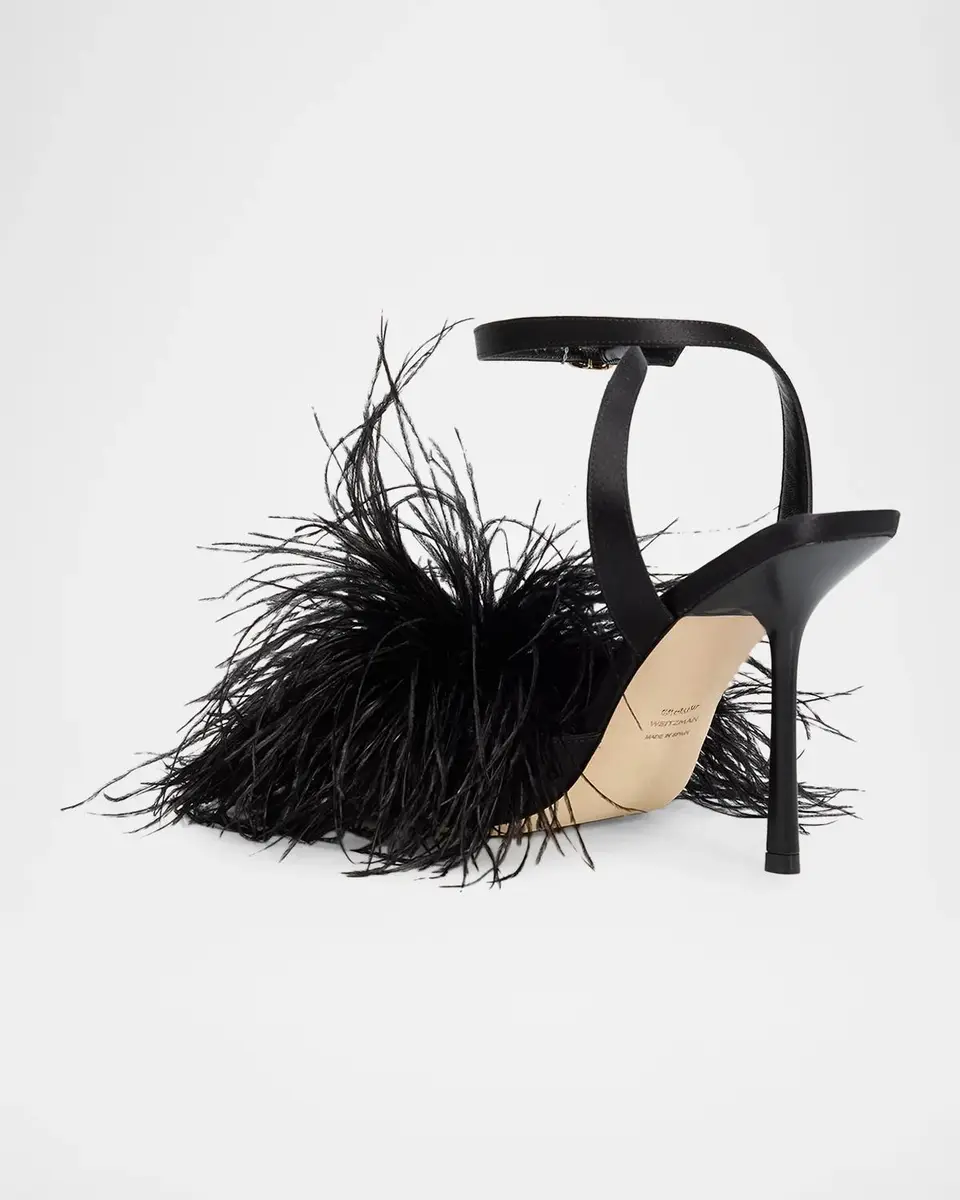 Stuart Weitzman Boa 100MM Feather-Accent Satin Sandals | Thumbnail 4