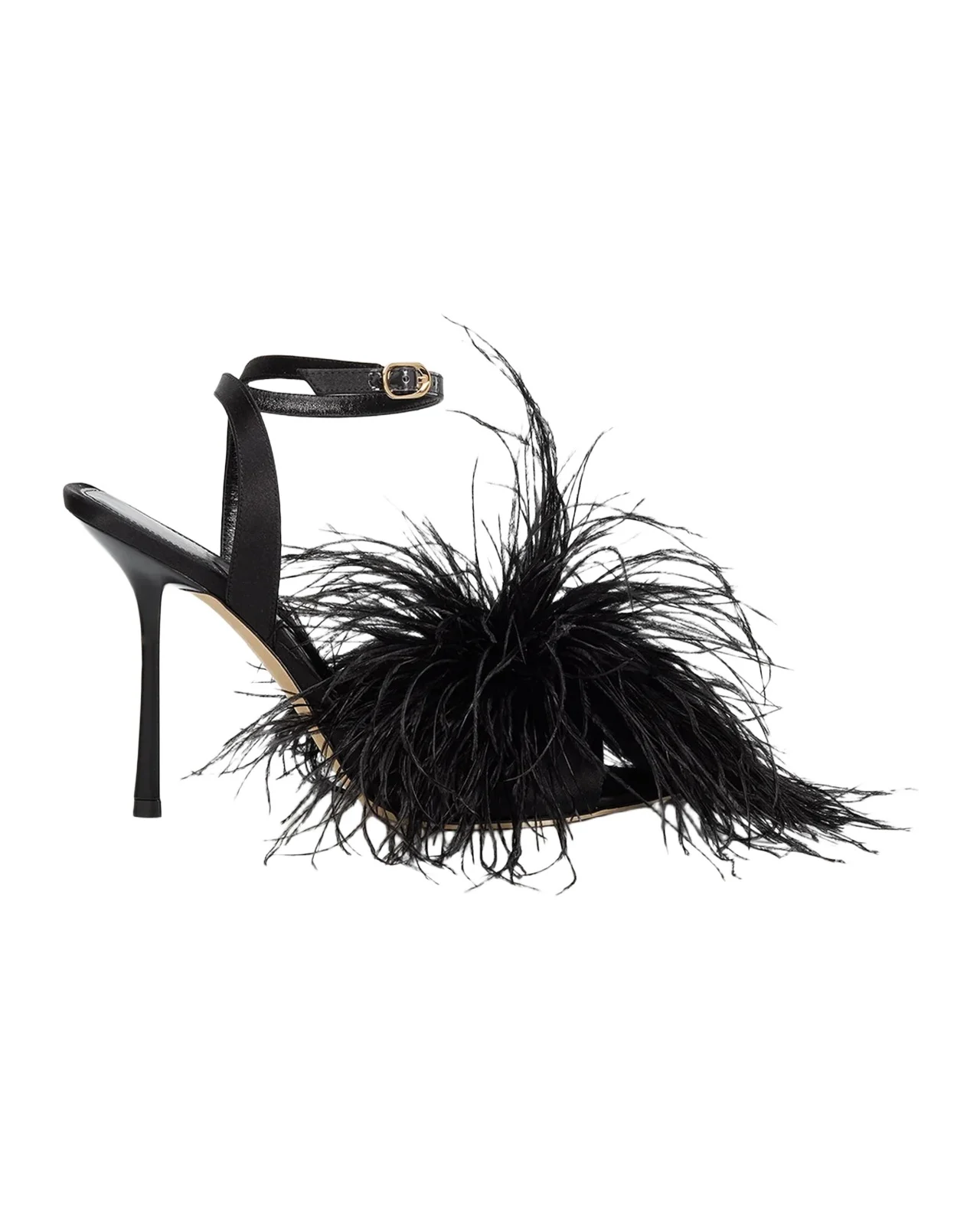 Stuart Weitzman Boa 100MM Feather-Accent Satin Sandals