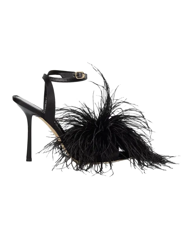 Stuart Weitzman Boa 100MM Feather-Accent Satin Sandals