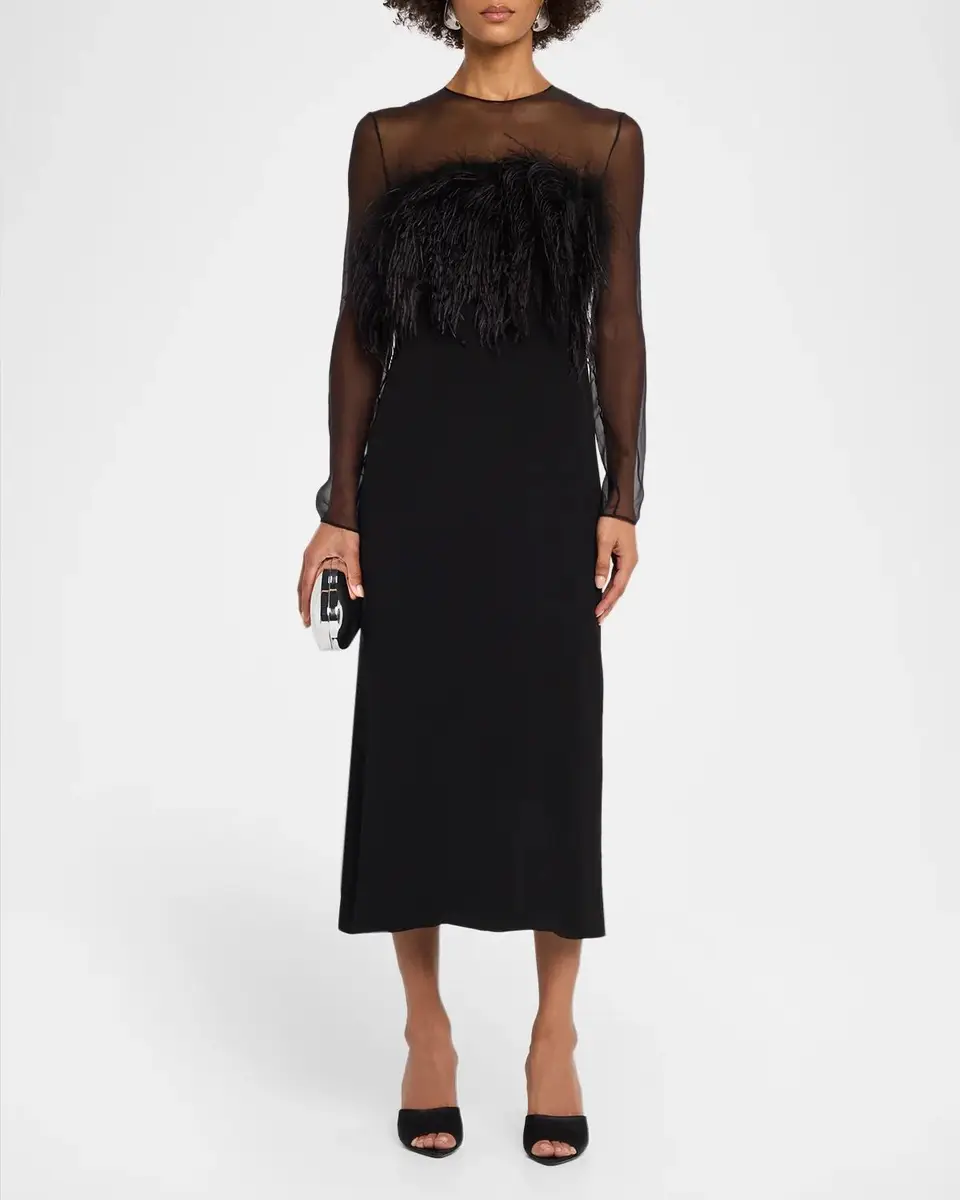 Alberta Ferretti Feather-Trim Sheer Long-Sleeve Enver Satin Midi Dress | Thumbnail 2 Alberta Ferretti Feather-Trim Sheer Long-Sleeve Enver Satin Midi Dress | Thumbnail 2