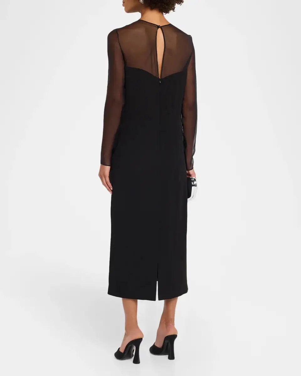 Alberta Ferretti Feather-Trim Sheer Long-Sleeve Enver Satin Midi Dress | Thumbnail 3 Alberta Ferretti Feather-Trim Sheer Long-Sleeve Enver Satin Midi Dress | Thumbnail 3