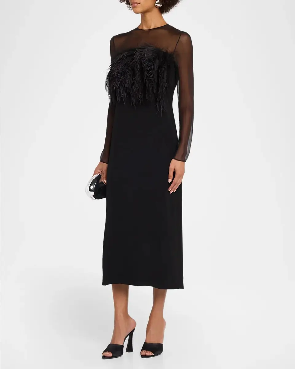 Alberta Ferretti Feather-Trim Sheer Long-Sleeve Enver Satin Midi Dress | Thumbnail 4 Alberta Ferretti Feather-Trim Sheer Long-Sleeve Enver Satin Midi Dress | Thumbnail 4