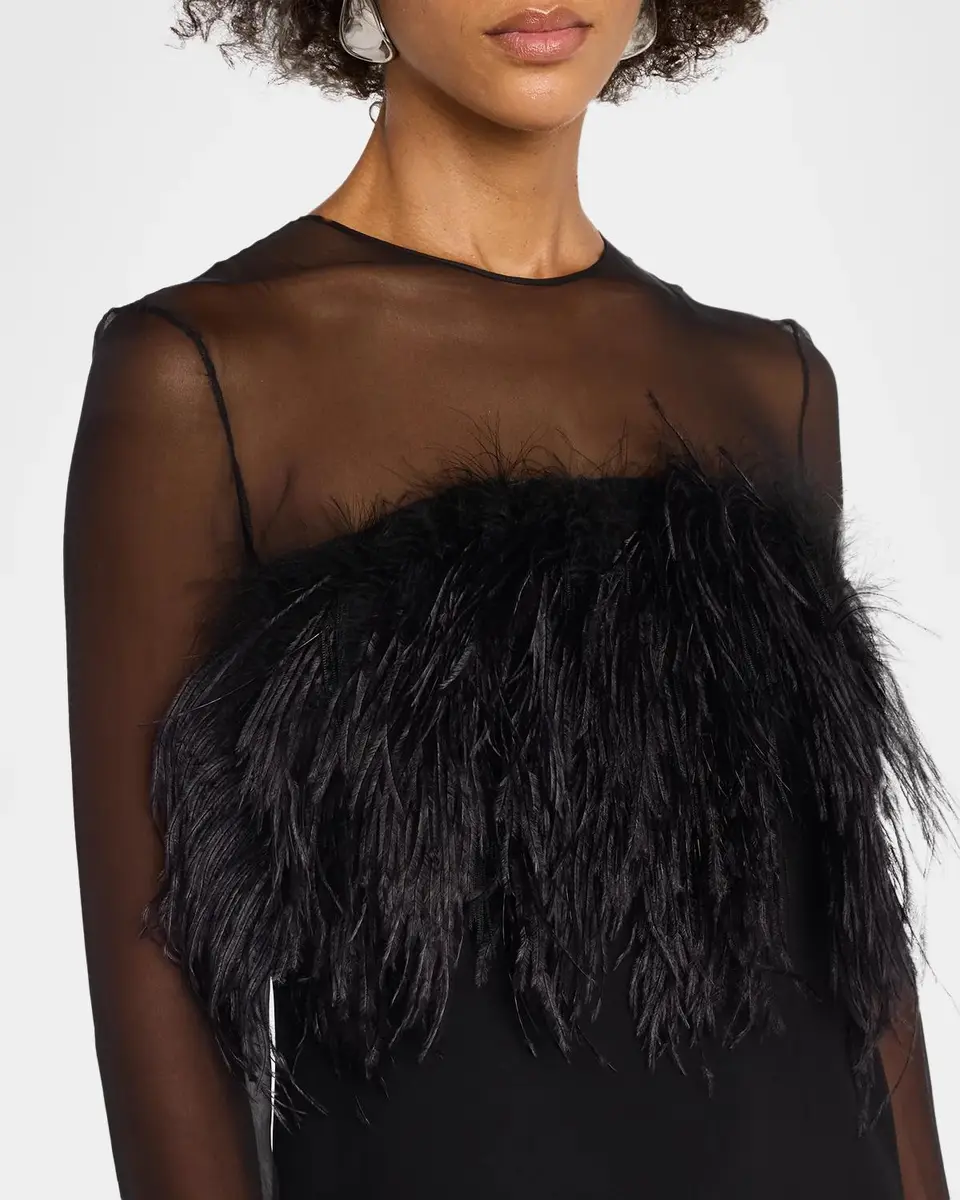 Alberta Ferretti Feather-Trim Sheer Long-Sleeve Enver Satin Midi Dress | Thumbnail 5 Alberta Ferretti Feather-Trim Sheer Long-Sleeve Enver Satin Midi Dress | Thumbnail 5