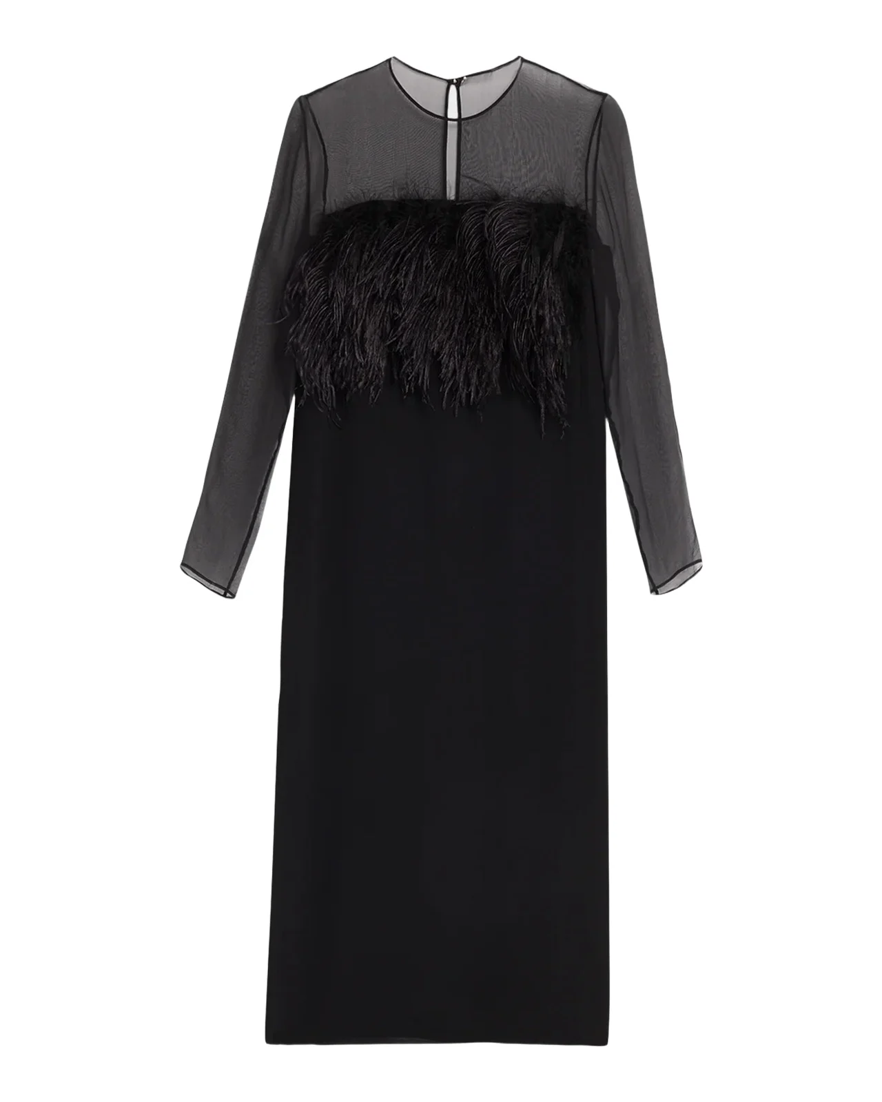 Alberta Ferretti Feather-Trim Sheer Long-Sleeve Enver Satin Midi Dress