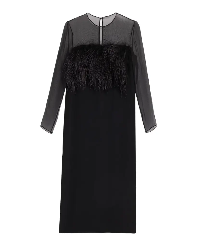 Feather-Trim Sheer Long-Sleeve Enver Satin Midi Dress Feather-Trim Sheer Long-Sleeve Enver Satin Midi Dress