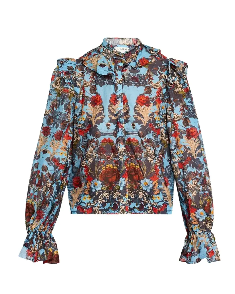 Alice + Olivia Bernice Ruffled Floral Cotton Blouse