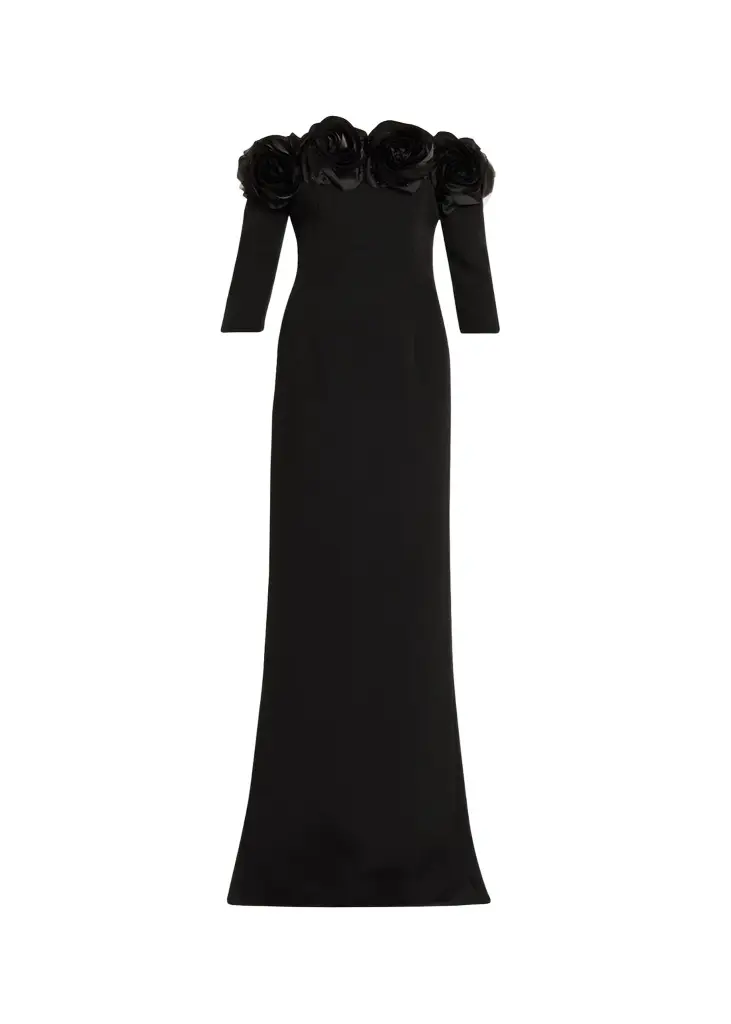 Rickie Freeman for Teri Jon Off-Shoulder Applique Column Gown