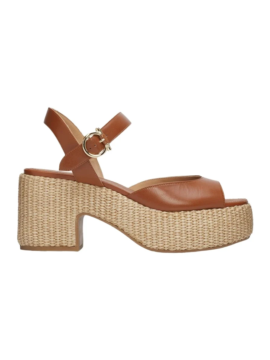 Ferragamo 90mm Nerea Raffia Leather Platform Sandals