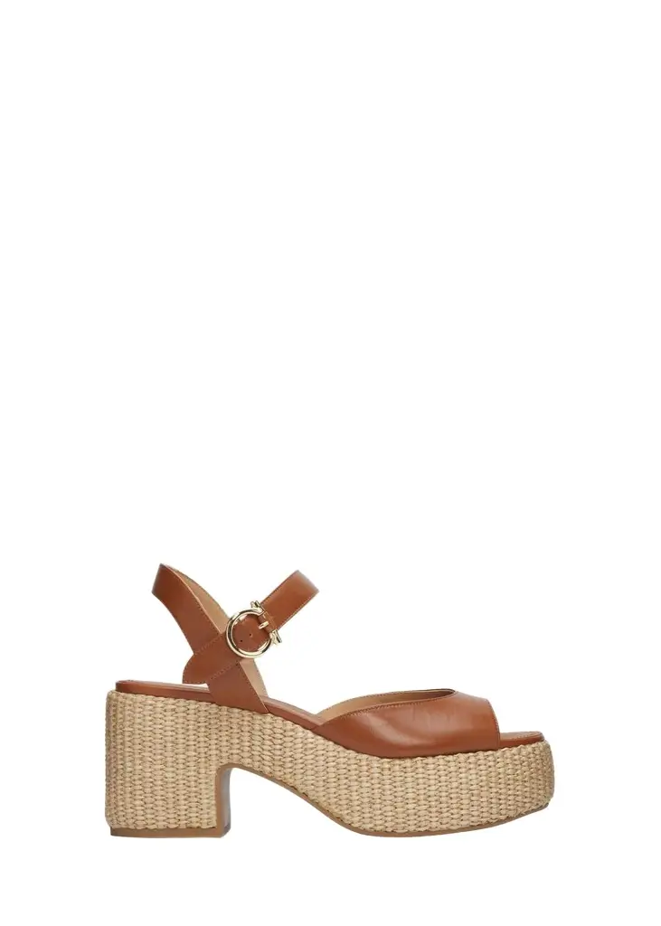 Ferragamo 90mm Nerea Raffia Leather Platform Sandals