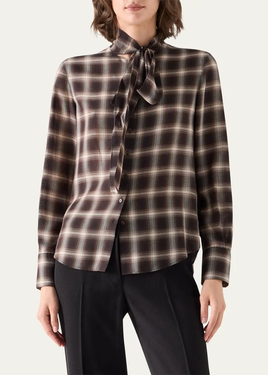 Akris punto Multicolor Plaid Scarf-Neck Button-Down Blouse | Thumbnail 4 Akris punto Multicolor Plaid Scarf-Neck Button-Down Blouse | Thumbnail 4
