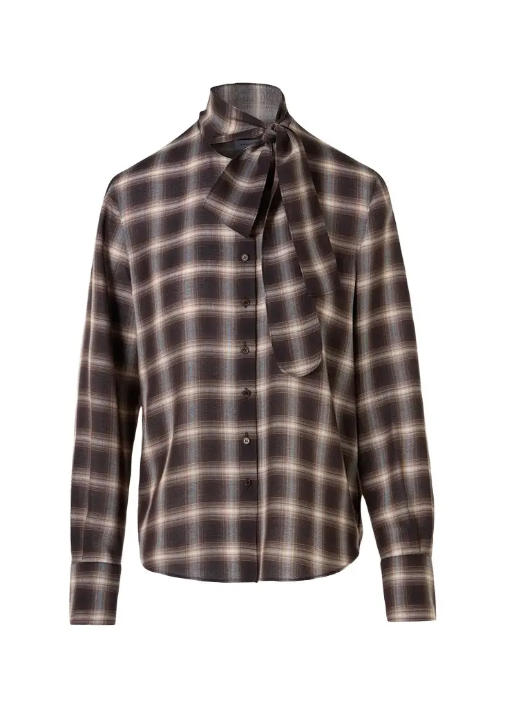 Akris punto Multicolor Plaid Scarf-Neck Button-Down Blouse