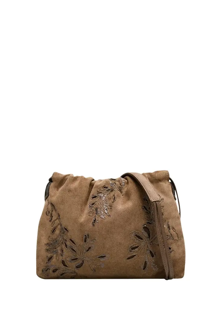 Mini Floral-Embroidered Suede Pouch Bag Mini Floral-Embroidered Suede Pouch Bag