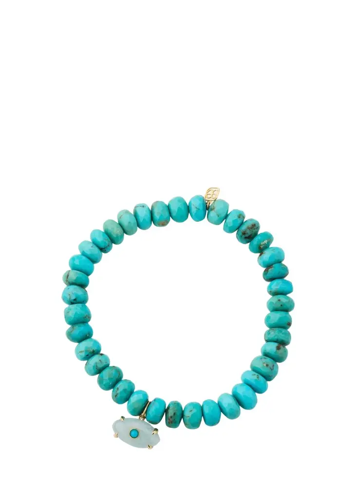 Sydney Evan 14K Carved Aquamarine Evil Eye on Turquoise Stretch Bracelet